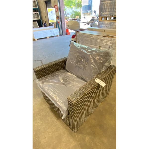 PATIOFLARE WHITNEY PF10017 GREY PLASTIC RATTAN OUTDOOR PATIO ARM CHAIR WITH GREY CUSHIONS