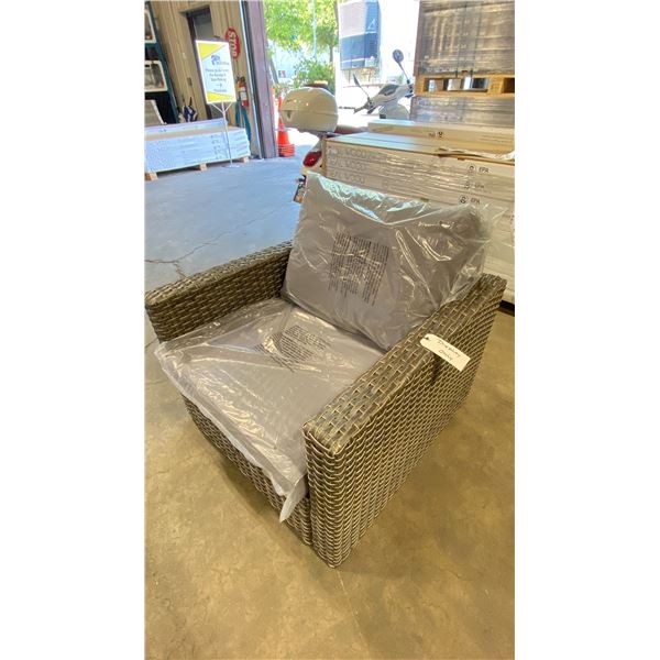 PATIOFLARE WHITNEY PF10017 GREY PLASTIC RATTAN OUTDOOR PATIO ARM CHAIR WITH GREY CUSHIONS