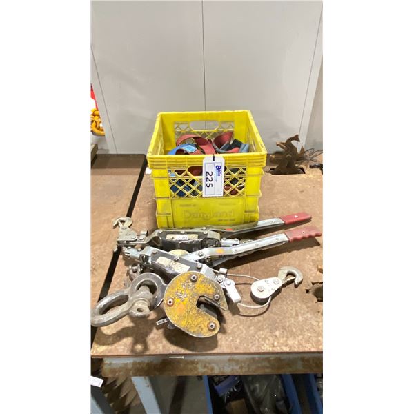 PAIR OF COME ALONGS, INDUSTRIAL SAFETY HARNESSES & HEAVY DUTY PLATE GRABBER