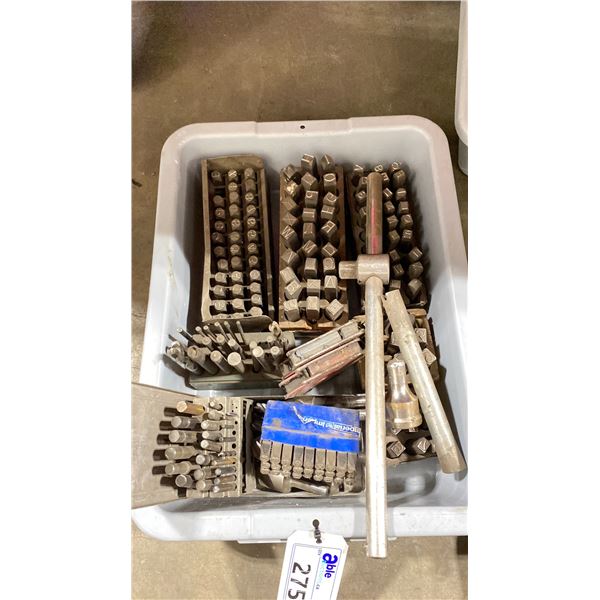 BIN OF ASSORTED LETTER & NUMBER STAMP SETS, DRILL BITS AND MORE