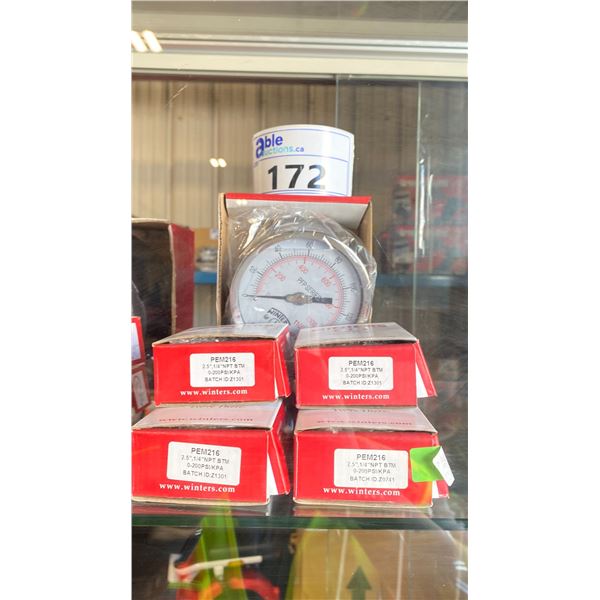 6- WINTERS PEM216 GAUGES 2.5  0-200 PSI 1/4  NPT BTM & 1- WINTERS SS / SS 4'' 0-160 PSI