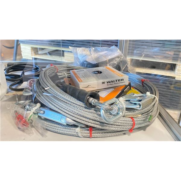 BRAIDED PULLER CABLE, ASSORTED STAPLES, WALTER BACKING PADS, HONEYWELL PIN BAG & HONEYWELL 6FT