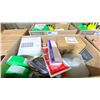 Image 2 : BOX OF ASSORTED SHOP SUPPLIES INCLUDING STANLEY STAPLES, FLAGGING TAPE, ANTI FOG WIPES/GEL,