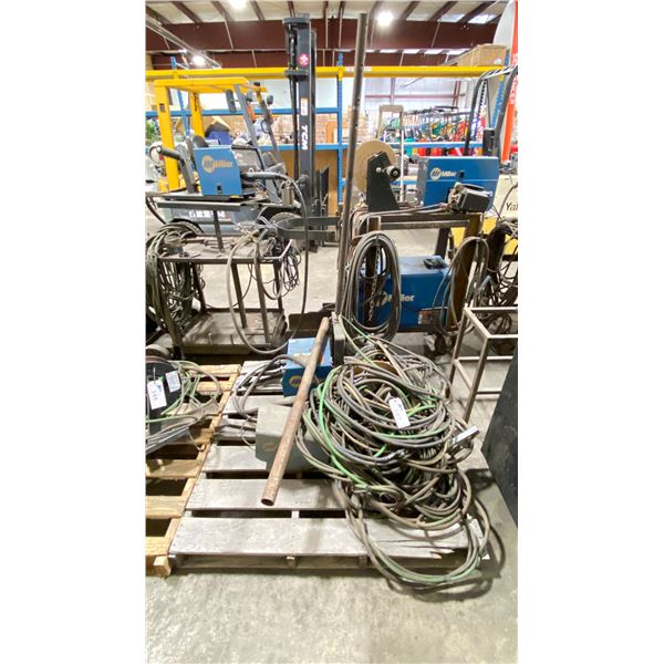 PALLET OF MILLER 24A WIRE FEEDERS (X2) WITH WELDING LEADS GROUND CABLES, SPOOL AND MORE..