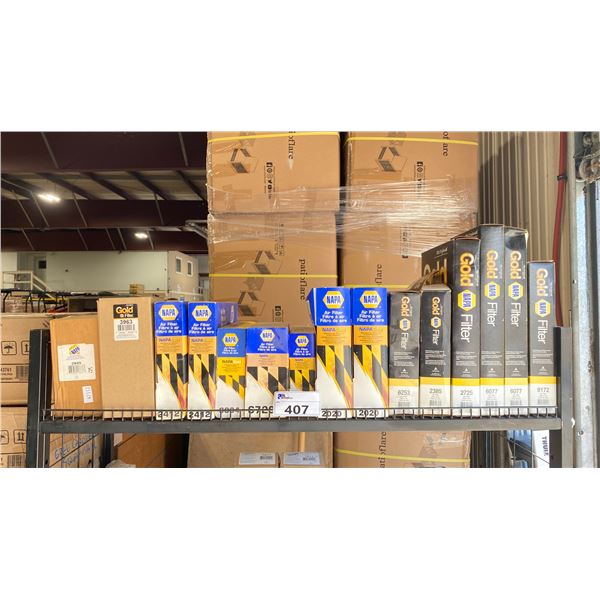 SHELF OF ASSORTED HEAVY DUTY NAPA VEHICLE AIR FILTERS *SHELF NOT INCLUDED*