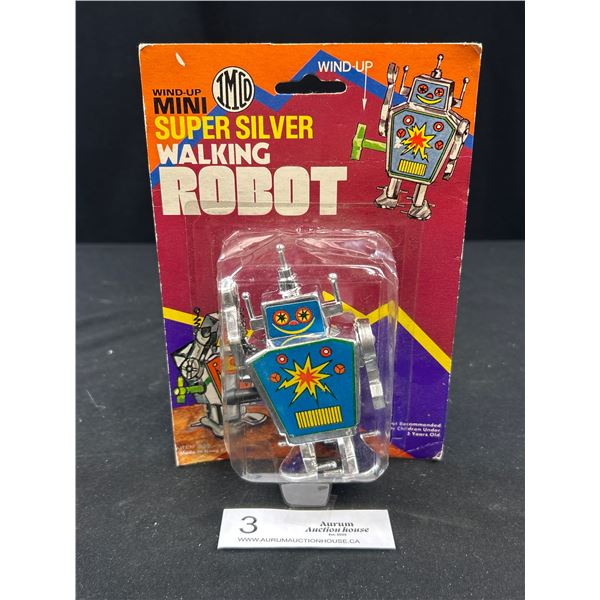 Vintage Wind Up Mini Super Silver Walking Robot Sealed in Package