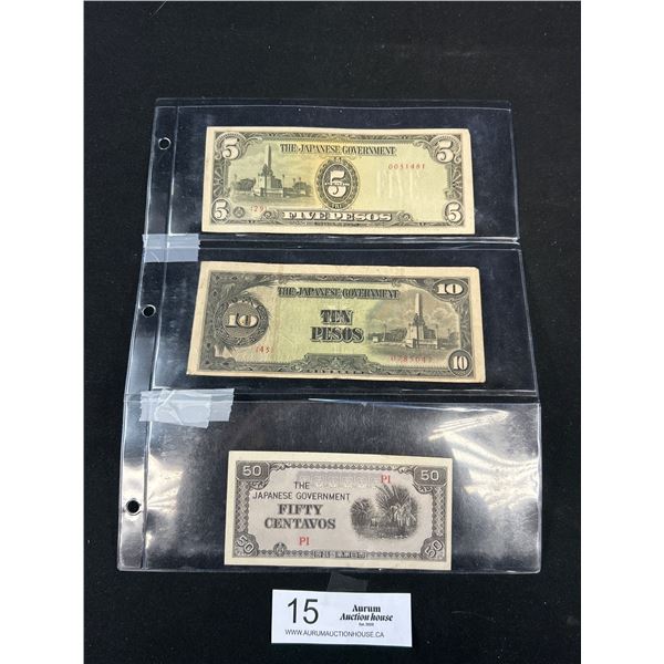 3 Japanese Gout WWII Bills 5 + 10 Pesos + 50 Centavos