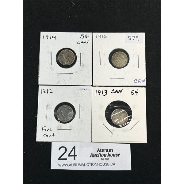 4 10 Cent Coins 1912, 1913, 1914, 1916 Silver