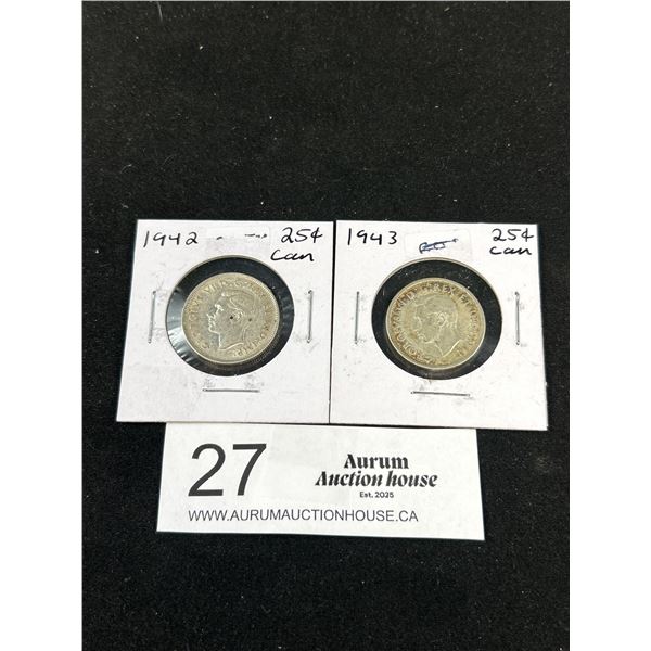 2 1942 + 1943 CDN Silver 25 Cent Coins