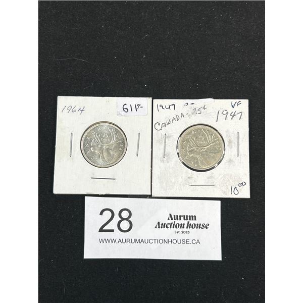 2 1947-1964 CDN Silver 25 Cent Coins