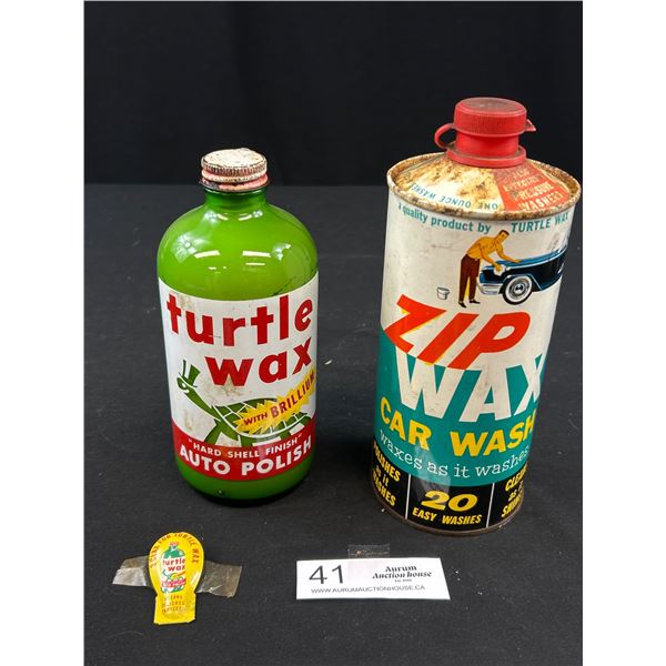 Vintage Zip Wax Car Wash Tin + A Turtle Wax Auto Polish and Turtle Wax Clacker