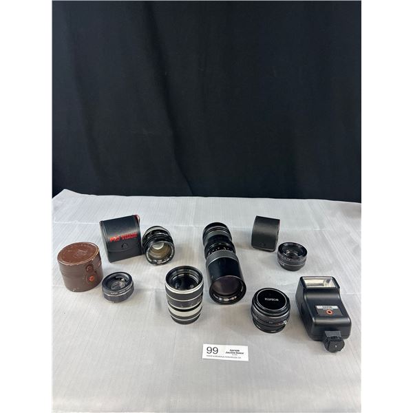 Tray Lot of Vintage Camera Lens, Flashes, etc