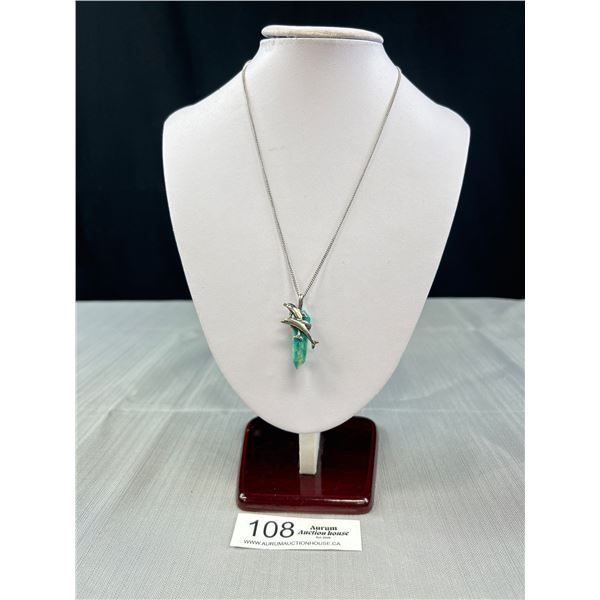 925 Sterling Necklace and Pendant 20" Curb Link Chain and 1.5" Dolphin Pendant Wrapped around Gemsto