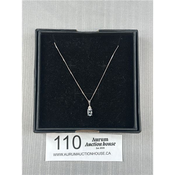 10KT White Gold 6x4 mm Oval Cut Aquamarine and Diamond Pendant on 20" 10KT White Gold Curb Link Chai