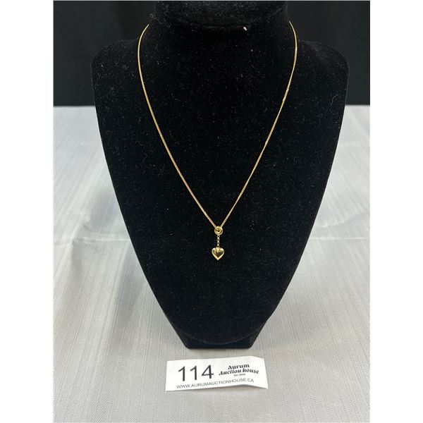 10KT Yellow Gold 16" Curb Link Chain and 10KT 7/8" Heart Pendant - Marked and Tested 2.2 Grams