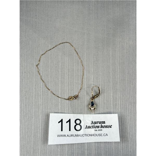 10KT Yellow Gold 7" Bracelet and Single Earring Which Could Be Made Into a Pendant - Marked and Test