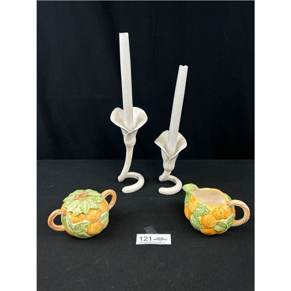 Vintage Fitz and Floyd Lot: Beautiful Porcelain Calla Lily Porcelain 2 CANDLE AND 1987 Creamer Sugar