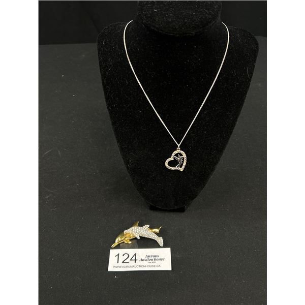 Vintage Signed Swarvoski Dolphin Brooch Pin and Signed Disney Tinkerbelll Heart Pendant and Chain