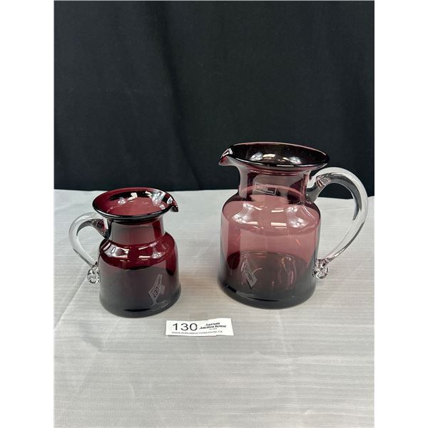 2 Vintage Amethyst Purple Hand Blown Glass Pitchers - 9 1/4" x 5" Across Base and 4" X 3 1/8th" Acro