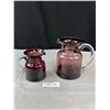 Image 1 : 2 Vintage Amethyst Purple Hand Blown Glass Pitchers - 9 1/4" x 5" Across Base and 4" X 3 1/8th" Acro