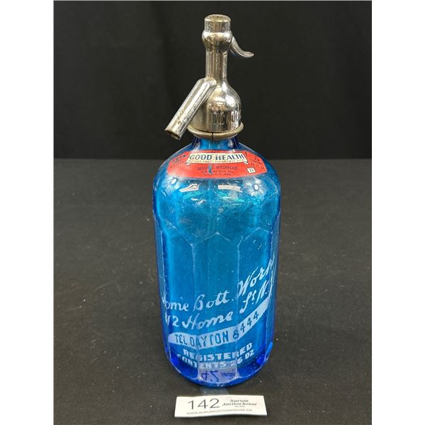Vintage Blue Glass Seltzer Bottle, Home Bottle Works, 812 Home Street New York