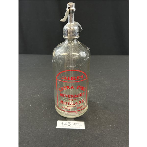Nice Red Labeled Vintage Jakales Extra Fine Beverages Buffalo New York Seltzer Bottle