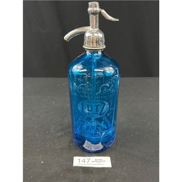 Vintage Blue Henry Lutz and Son Seltzer Bottle from Brooklyn New York