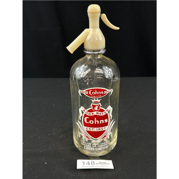 Nice Red and White Labeled Cohns Soda Water Seltzer Bottle