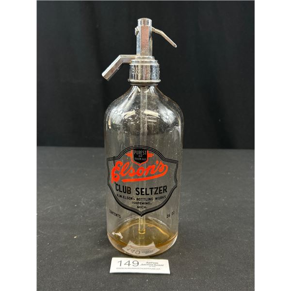 Red and Black Labeled Elsons Club Seltzer Michagan Seltzer Bottle