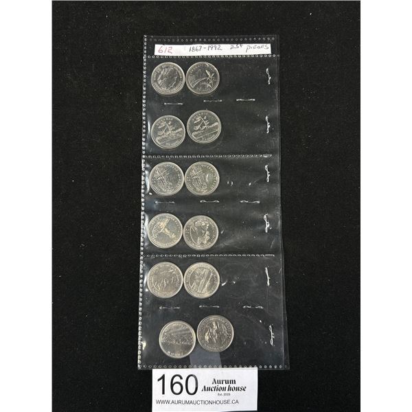 12 25 Cent CDN Coins, 1867-1992 All Different