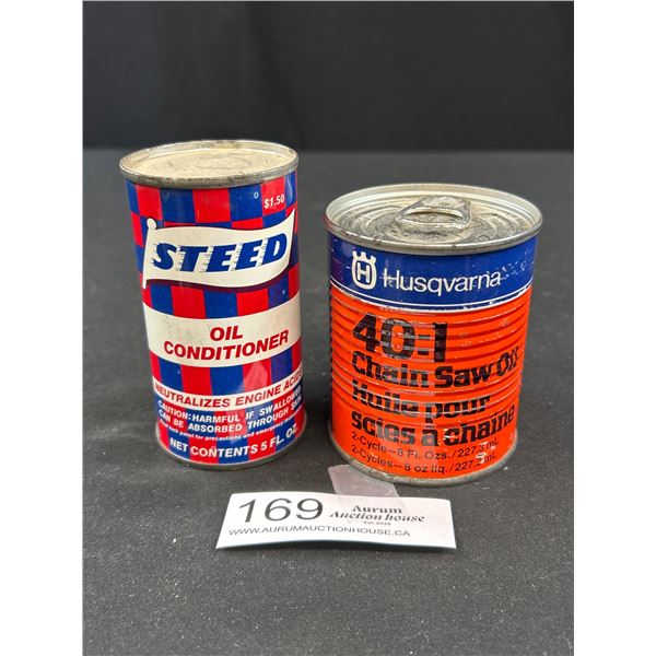 Vintage Husqvarna Chainsaw Oil and Steed Oil Conditioner Tin, Both Full