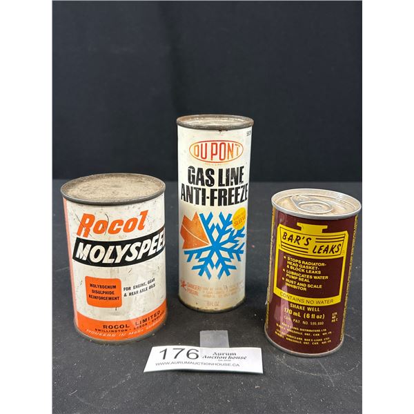 3 Full Vintage Tins Dupont Gas Line Anti Freeze Rocol Molly Speed and Bars Leaks