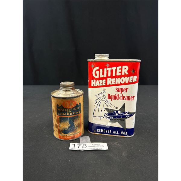 Vintage Paper Label OK Water Tight Oil Compound Tin + Glitter Haze Remover Tin, Nice Graphics