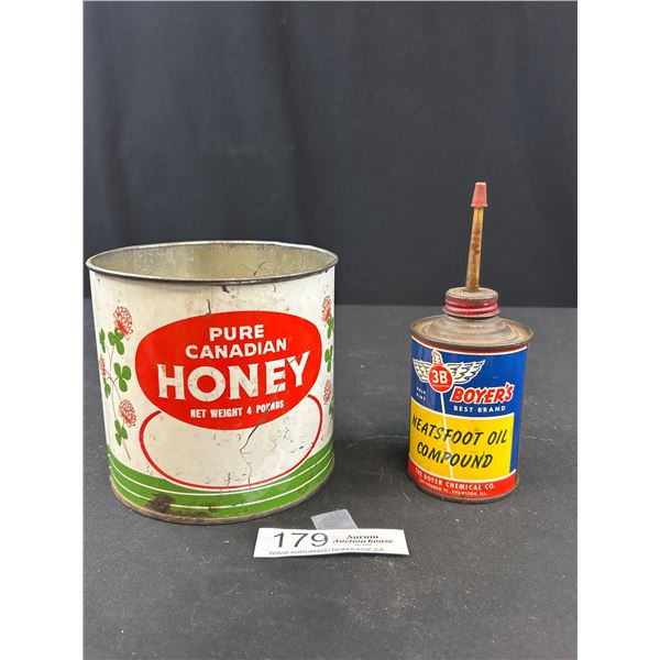 Old 3B Boyers Neatsfoot Oil Compound Tin + Pure Canadian 4lb Honey Tin w/ No Lid