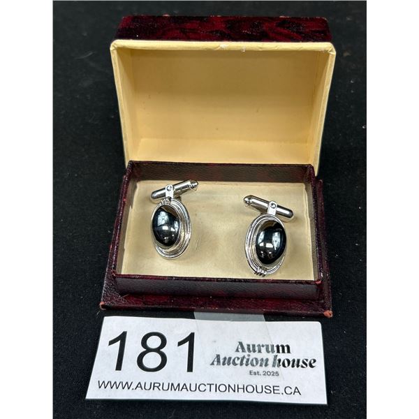 Vintage Sterling Silver Destino Cufflinks w/Hamatite Stones and English Jewel Box
