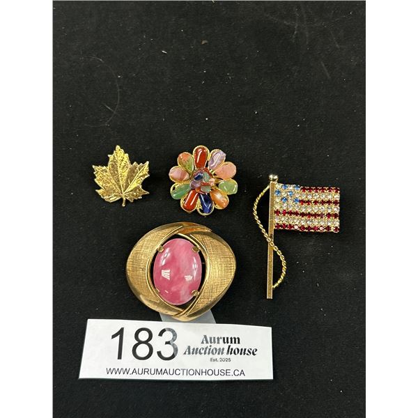 Pretty Vintage Goldtone Brooches - Polished Stone, Rhinestone