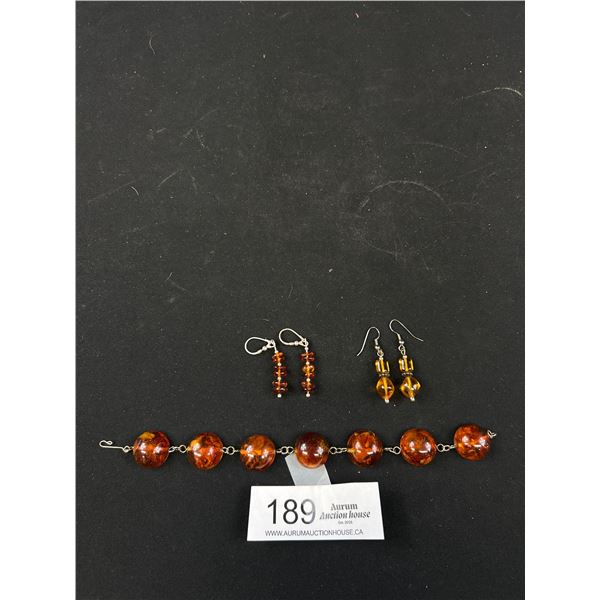 Vintage Amber Stone Bracelet and 2 Pairs of Earrings