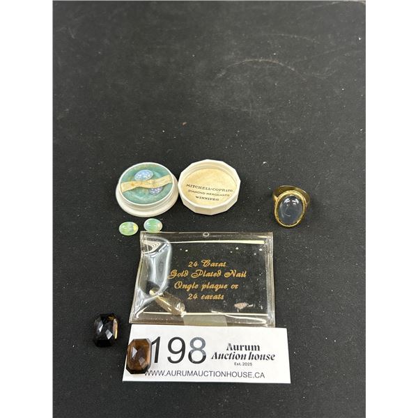 Faceted Cut Smoky Topaz and Opalescent Stones, Moonstone Ring, Ring Box & 24K Gold Plated Fingernail