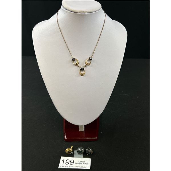 Lovely Vintage Hematite Necklace w/Single Earring and Stone Button Earrings