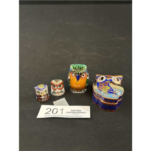Collectible Cloisonne Lot - Owl Trinket Box, Figure and Thimbles