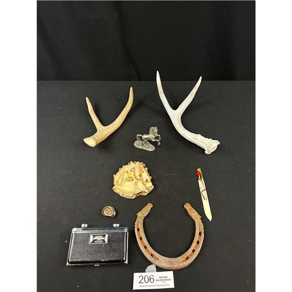Vintage Collectible Lot - Carved Moose Antler, Indigineous Art, Pewter Horse, Horseshoe,etc