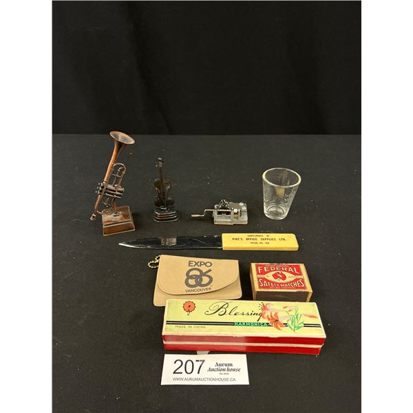 Vintage Collectible Lot - Harmonica, Sharpeners, Letter Opener, Pharmacutical Measure Cup and More