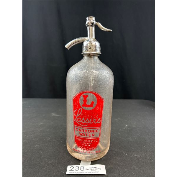 Vintage Red Label Lassers Carbonated Water Chicago Seltzer Bottle