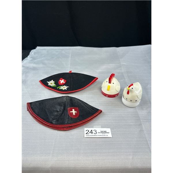 Pair of Retro Egg Timers Plus Pair of Swiss Tourist Skull Caps