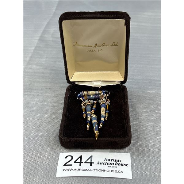 Cool Blue Paper Bead Broach with Copper Wire and Beads, In Case