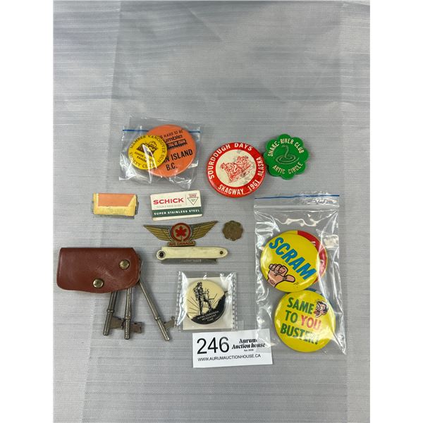 Lot of Retro Buttons, Razors, Skeleton Keys
