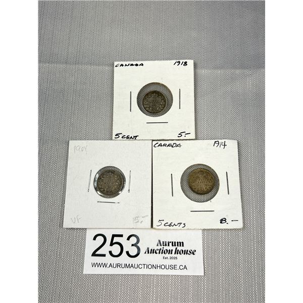 Lot of Vintage Canadian Nickels 1904, 1914, 1918 Silver Content