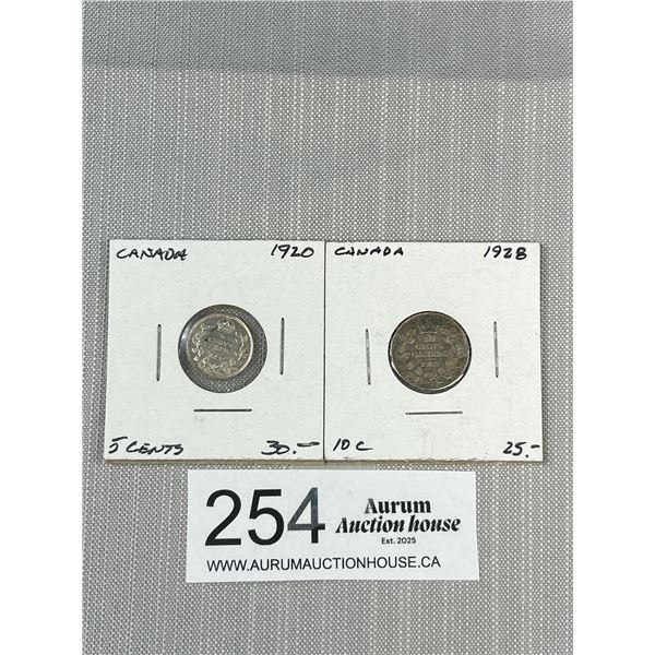 Pair of Vintage Canadian 1920 Nickel and 1928 Dime Silver Content