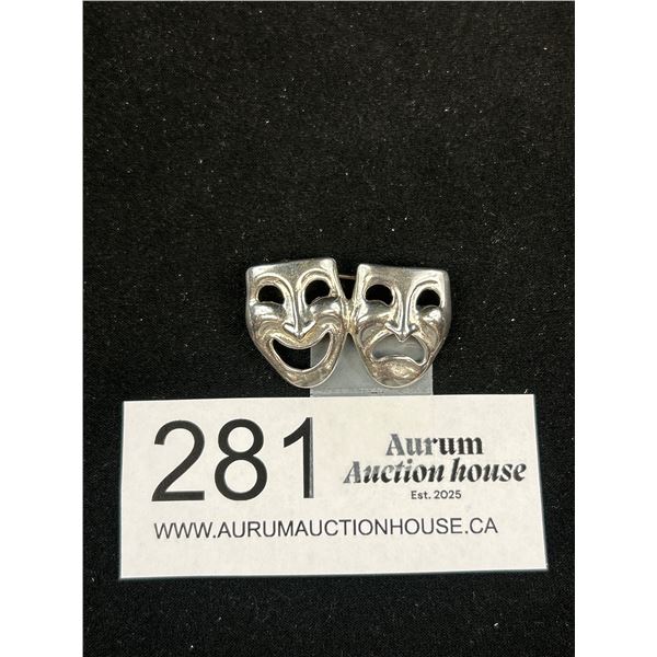 Sterling Silver Happy and Sad Comedy and Tragedy Mask Brooch Marked Sterling