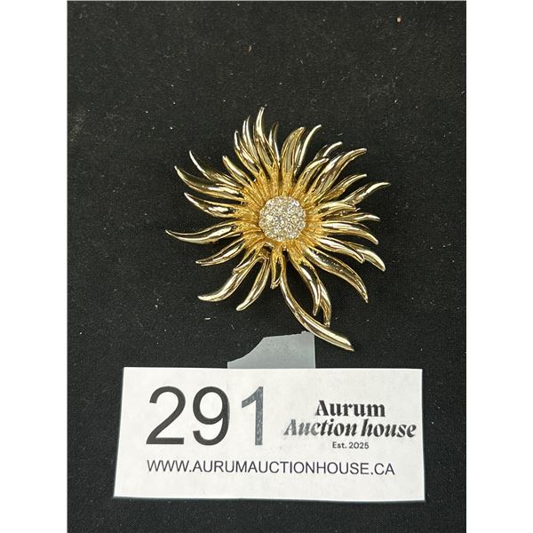 Vintage Marboux Flower Brooch w/ Rhinestones Marked Marboux